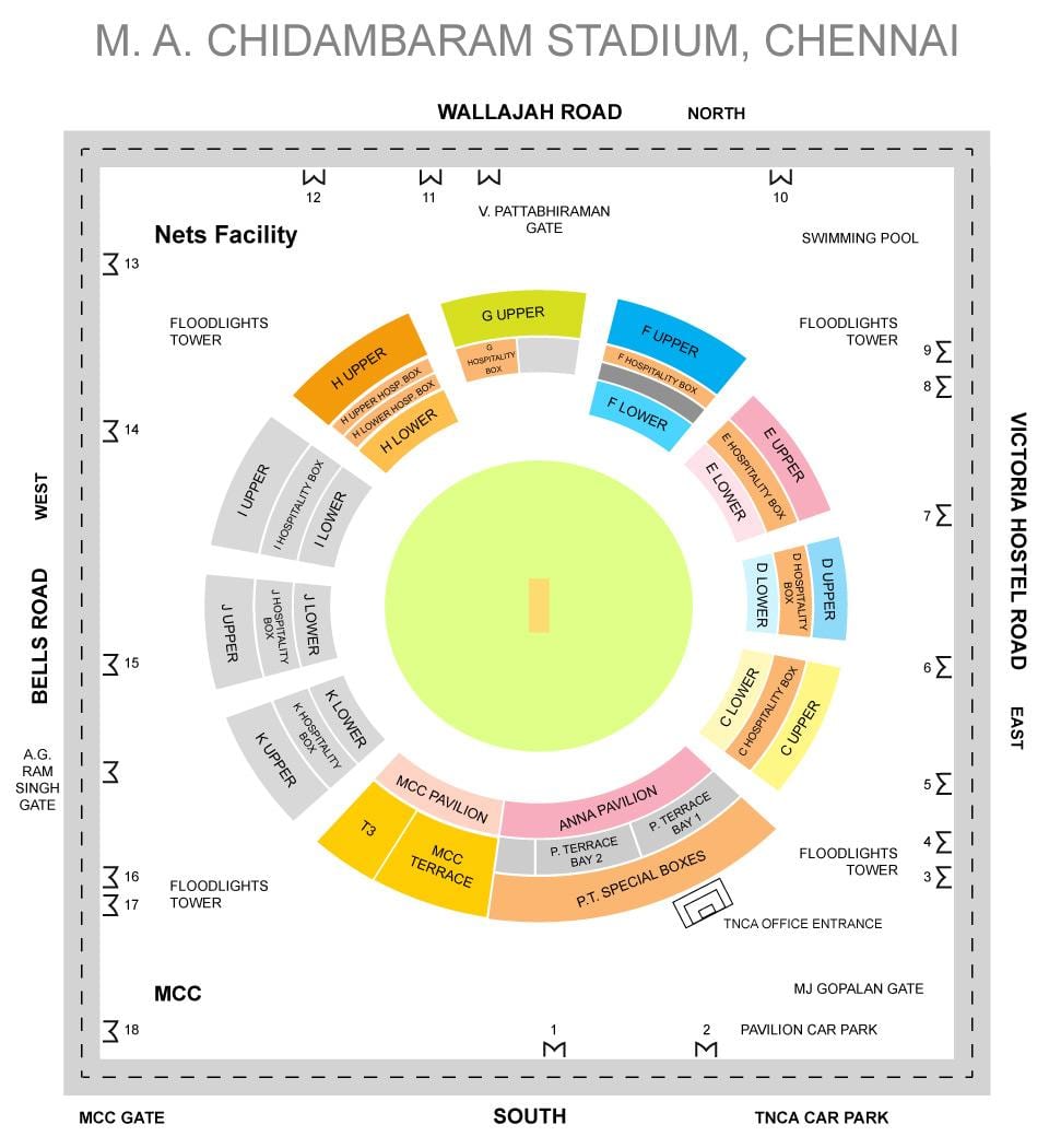 Chepauk stadion står layout kart